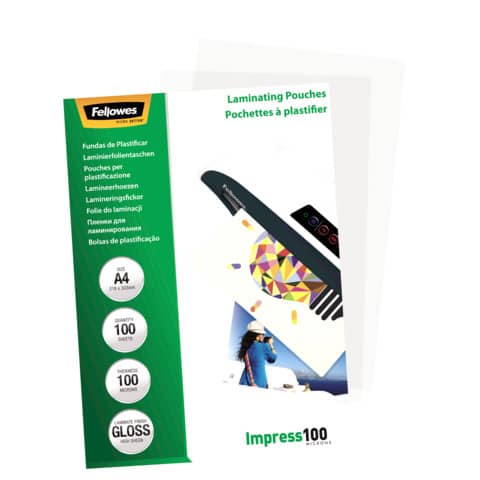 Pouches per plastificatrici Fellowes Standard Impress100 finitura lucida - 2x100 µm - A4 - Conf. 100 pezzi 5351111